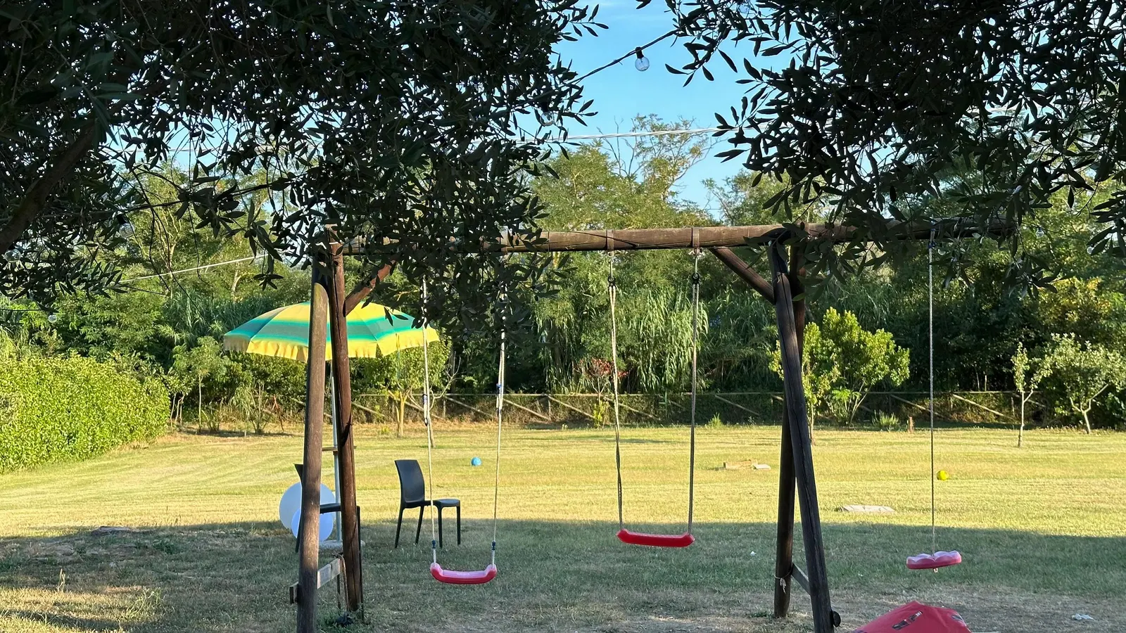 L'altalena in legno sotto gli ulivi del giardino