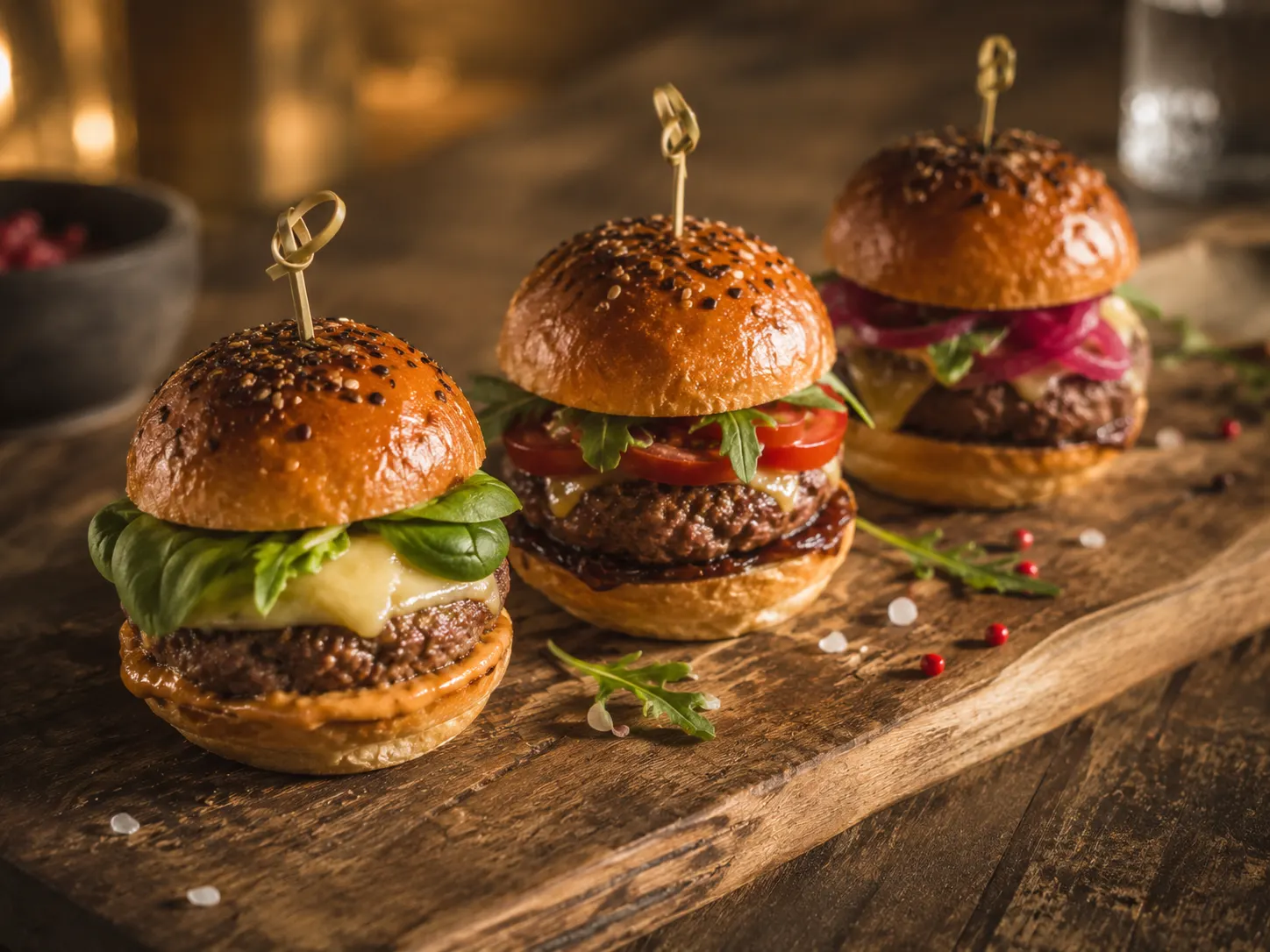 Mini burger di manzo su tagliere di legno