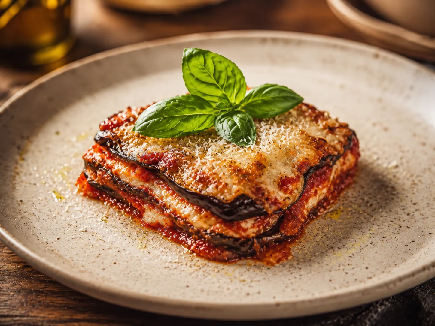 Parmigiana di melanzane con basilico fresco