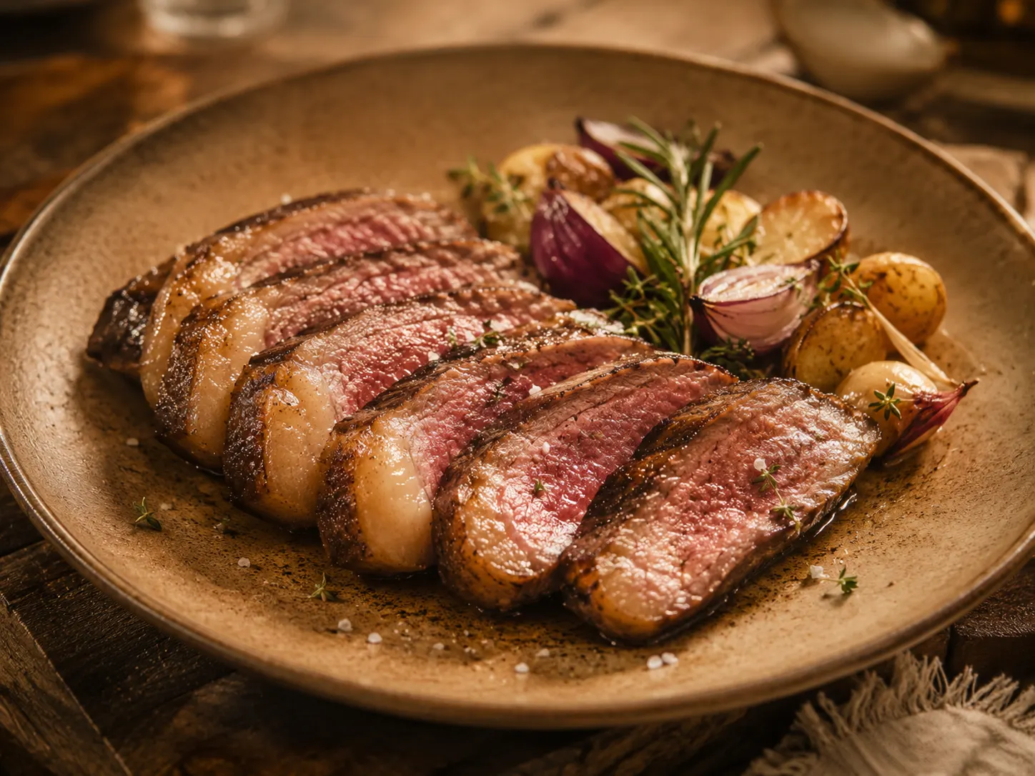 Tagliata di manzo su tagliere con sale grosso e rosmarino